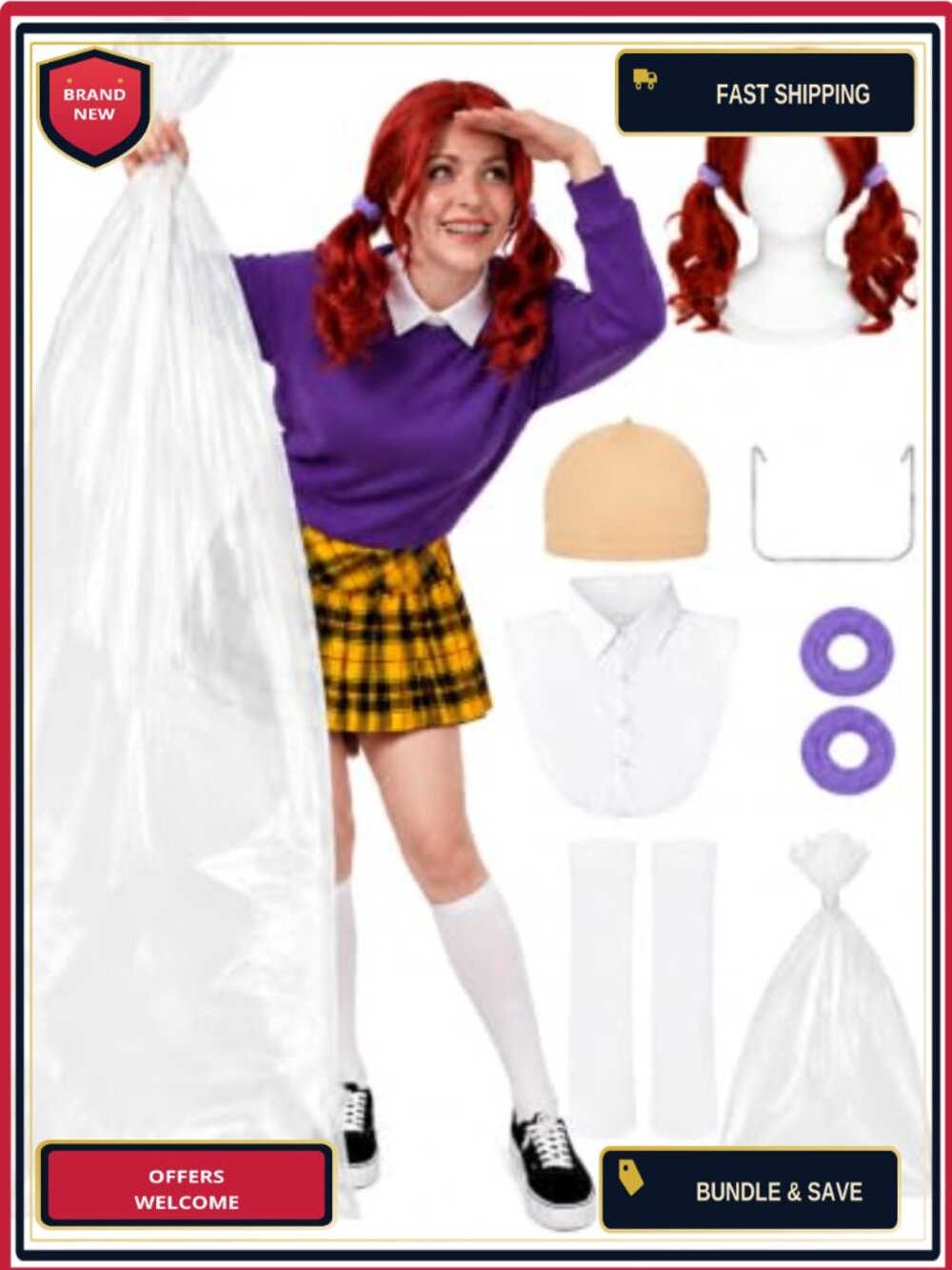 Funny Women's Halloween Costume Kit with Red Wig and Dickey Collar